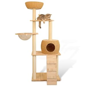 59 Inch Big Modern Cat Tree Tower, Solid Oak Wood Cat Cond, Sisal-Covered Scratching Posts for Indoor Cats, Multi-Level Cat Condo with Space Capsule Nest, Tall Cat Tree for Multiple Large Cats