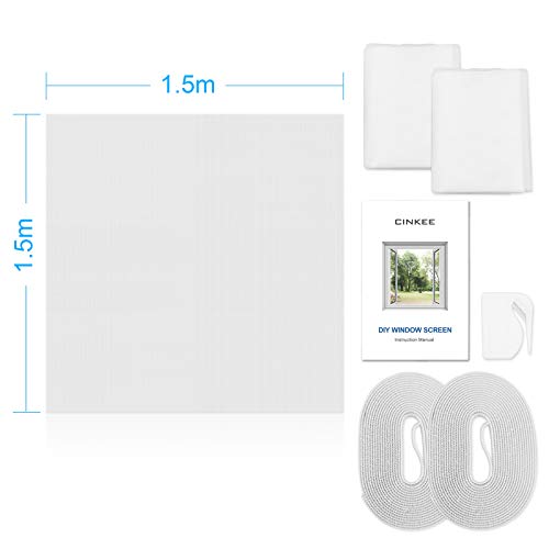 Cinkee Zanzariera Finestra Regolabile Fai da te 150x150 cm,Zanzariera Trasparente 2 pezzi | Zanzariera per Porte di Balconi e Giardini con Nastro-Adesivo, Senza Necessità di Forare,Bianco