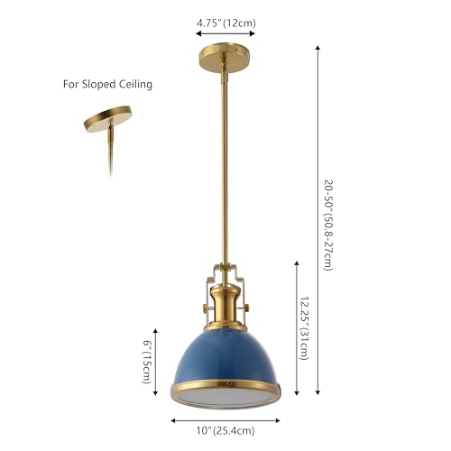 Image of JONATHAN Y Homer Industrial Dome Pendant 10 inch, Navy /Brass Gold | 1-Light, Farmhouse Style, Adjustable Hanging Height, Glass Diffuser, Sloped Ceiling Compatible, Metal, LED Bulb Included