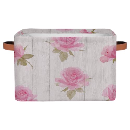 Mexpekil Cesta de almacenamiento con asa, caja de juguetes plegable para perros de grano de madera rosa rosa para estantes