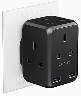 JSVER Plug Adapter USB with 4 Way Sockets 13A Cube Extension Plug Multi Plug Extension Wall Socket Wall Plug Extender for Home, Office Black