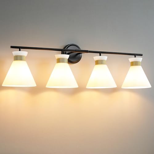 WOSHITU Bathroom Vanity Light Fixtures: 4-Light Mid Century Modern Vanity Lights for Bathroom Over Mirror, Black and Gold Wall Sconce Lighting with Frosted Milky Glass for Bath Bedroom