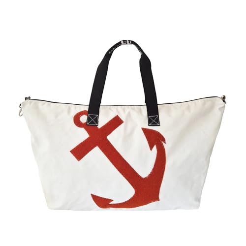 Nautical Duffle Bag, Water-Resistant Sailcloth with Anchor Design, White and Red