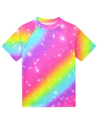 Image of Girls Swimsuit Colorful Short Sleeve Bathing Suits UPF 50+ Rash Guard Set Two Piece Summer Swimwear