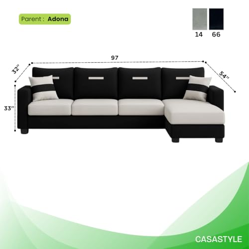 Image of CASASTYLE Dreamon 5 Seater Fabric RHS L Shape Sofa Set (Light Grey-Black) | Premium Velvet Finish | Comfortable Sectional Sofa for Living Room