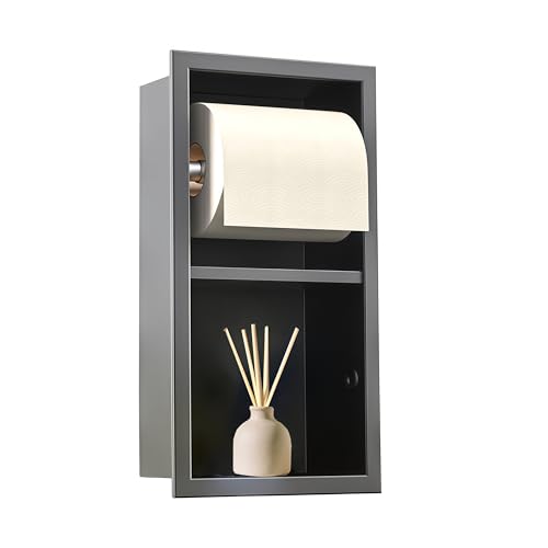 Recessed Toilet Paper Holder, 304 Stainless Steel Tissue Paper Holder, in Wall Tissue Toilet Roll Holder with Storage for Toilet, Bathroom, Kitchen & Hotel, 13.4″x7″x 6″, Matte Black
