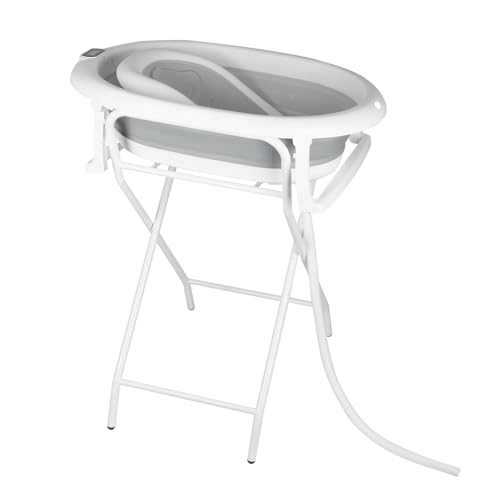 3 en 1 Baignoire Pliable Bébé sur Pied – avec Tuyau de Vidange – Thermomètre Intégré – Coussin de Bain et Sangles d’Attache – Baignoire Pliable...