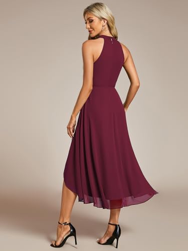 Image of Ever-Pretty Women's Halter Chiffon Midi Cocktail Wedding Guest Dress | High Low, Pleated, Summer Semi Formal Dress, Mother of the Bride Dress