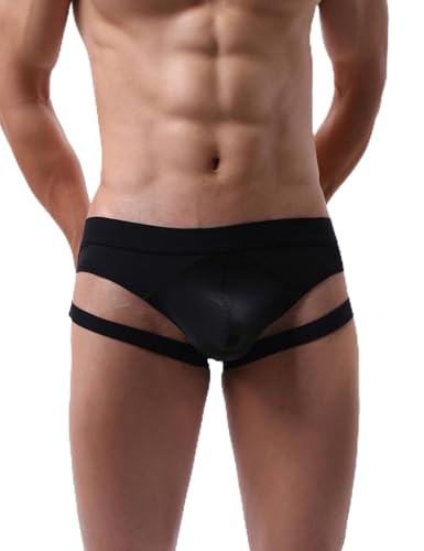 comeondear Black Men's Jockstraps Ice Silk Strappy Sexy Men's Underwear Gay Panties with Thigh Rings for Party