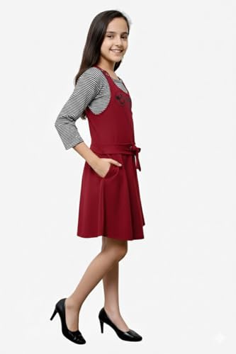 Image of FNOCKS Girls Pinafore Dress with Striped Inner Top & Bow Back Detail