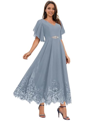 Mother of The Bride Dresses for Wedding for Women Tea Length Chiffon Lace Appliques Formal Evening Dresses4