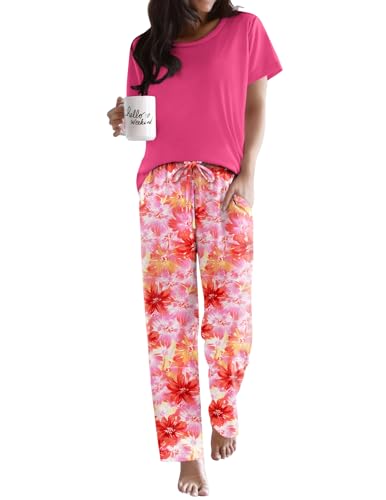 Image of Ekouaer Pajama Sets for Women Round Neck Pjs Short Sleeve Sleepwear with Long Pants Loose Lounge Sets