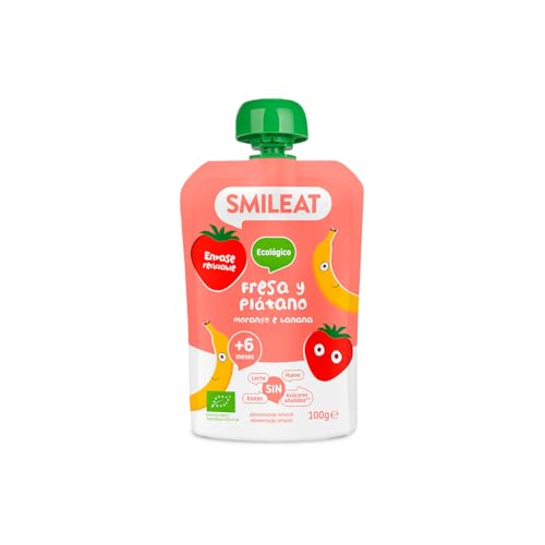 Postre lácteo infantil con puré de fresa y plátano Smileat bolsa 100 g