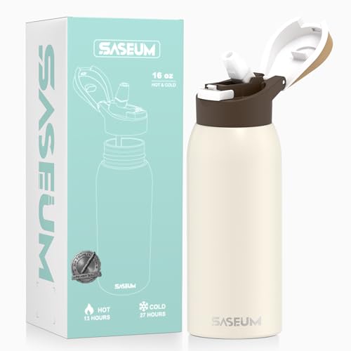 Saseum Kids Water Bottle with Straw, 16 oz Free-Sip Double-Wall Vacuum Insulated Stainless Steel Bottle, One-Click Open Design with Soft Silicone Spout, BPA-Free, Ideal for School, Sports & Travel