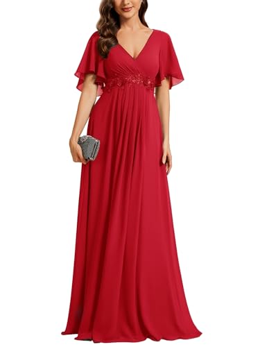 Image of Ever-Pretty Women's Chiffon V-Neck Mother of Bride Dresses A-Line Ruched Short Sleeves Appliques Bridesmaid Dress Formal Gown