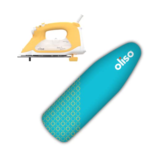 Oliso TG1600 Pro Plus 1800 Watt SmartIron with Auto Lift (Yellow) & Oliso Ironing Board Cover, durable 100% cotton lined with professional grade felt pad (Turquoise)