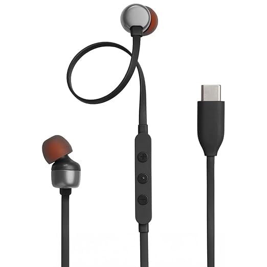 Wired in Ear Type C Headphones, Hi-Res Audio with Digital-to-Analog Converter, 3-Button EQ Preset Remote with Microphone, Tangle-Free Flat Cable, Compatible with JBL Tune 310 USB-C Devices (BRR)