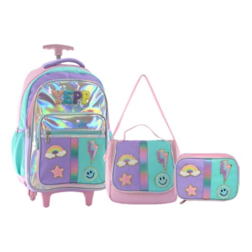 Kit Mochila Holográfica 18” Escolar Juvenil 2 Rodas Feminino Passeio Escolar Metalizado Com Lancheira Térmica E Estojo (LILÁS)