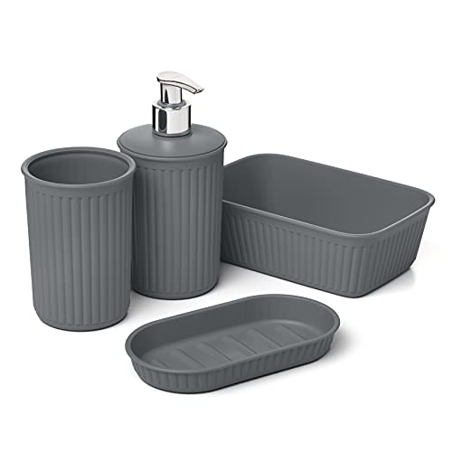 Tatay Set de 4pcs Sobremesa de Baño (Vaso + Dosificador + Jabonera + Organizador A6) Baobab, de Plástico, Libre de BPA, Gris Antracita, 6391114