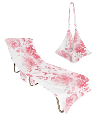 Pink Floral Beach Chair Towel Covers for Chaise Lounge with Side Pocket, Soft Plush Pool Towels Cover for Patio Sunbathing Outdoor 29''x85'' Botanic Wildflower Leaves Herb Plant