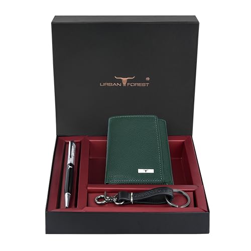 Image of URBAN FOREST Theo Green Leather Wallet, Diamond Pen & Keychain Combo Gift Set for Men