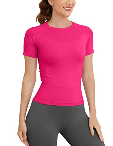 Image of MathCat Short Sleeve Workout Tops for Women, Seamless Women's Compression Shirt, Yoga Running Athletic Shirts Soft Gym Tops