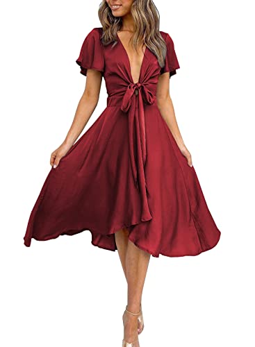 Image of miduo Womens Satin V Neck Ruffle Short Sleeve Tie Front High Waist Midi A-Line Maxi Dresses