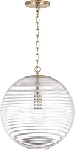 Capital Lighting 349911MA Dolan Transitional Art Deco Clear Ribbed Glass Globe Pendant Ceiling Light Fixture, 1-Light 100 Watt, 17"H x 15"W, Matte Brass