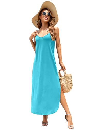 HUSKARY Women's Summer Casual Sleeveless V Neck Strappy Split Loose Dress Beach Cover Up Long Cami Maxi Dresses with Pocket4