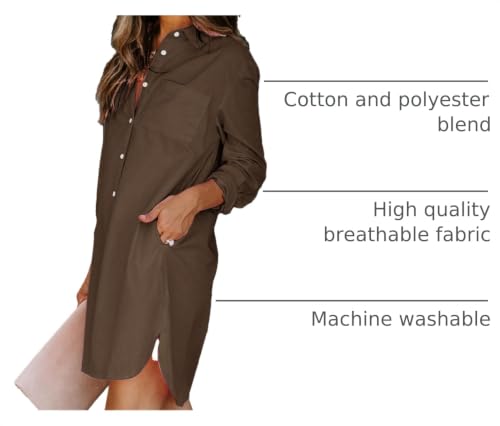 Image of Aoudery Womens Button Down Shirt Dresses with Pockets Cotton Button Up Tunics Long Sleeve Solid High Low Blouse Tops