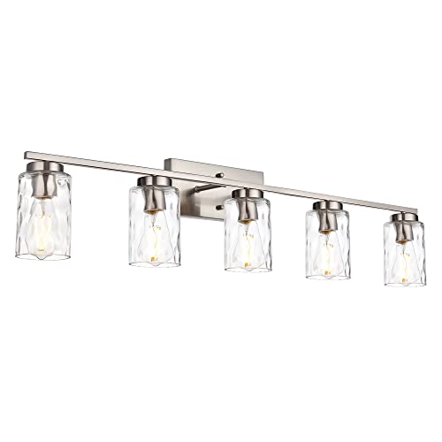 Image of Vanity Lights for Bathroom 5 Light Sconces Vanity Light Fixture Modern Brushed Nickel Wall Mount Lighting with Clear Hammered Shade,Wall Lights for Bathroom Living Room Makeup Dressing Table
