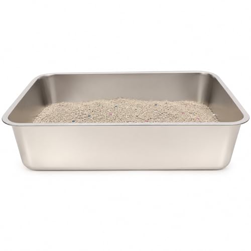 Image of Macushla Stainless Steel Cat Litter Box Large Open Tray 60 * 40 * 15 cms, Rust Proof Metal Litter Tray, Odor Resistant Easy Clean Litter Box for Kittens and Adult Cats