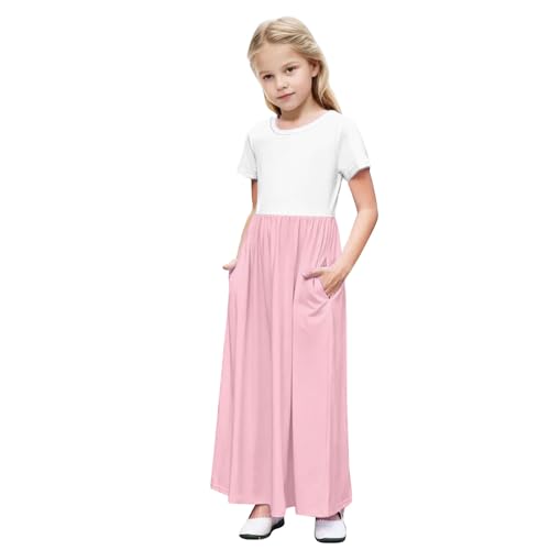 Lmdudan 2025 Summer Girls Color Block Maxi Dress Short Sleeve Casual Dresses A Line Long Sundress with Pockets 4-14 Y