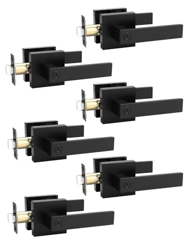 Tinewa 6 Pack Square Privacy Door Levers Locksets in Matte Black Finish, Bed/Bath Door Levers Keyless Interior Handles,Reversible for Left Right Handed Doors