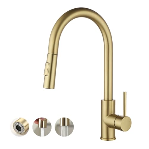 Comparison: Best Material For Kitchen Faucet 9 Havin Gold Kitchen Faucet with Pull Down Sprayer, High Arc Stainless Steel Material, with cUPC Ceramic Cartridge,Without Deck Plate,Fit for 1 Hole Kitchen Sink or Laundry Sink,Brushed Gold,HV501G