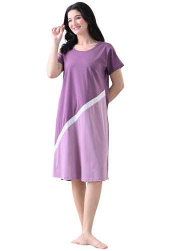 Image of Women's Night Dress Short Sleeve Round Neck Sleepwear with Stylish Contrast Panel, Comfortable Nightwear for Women