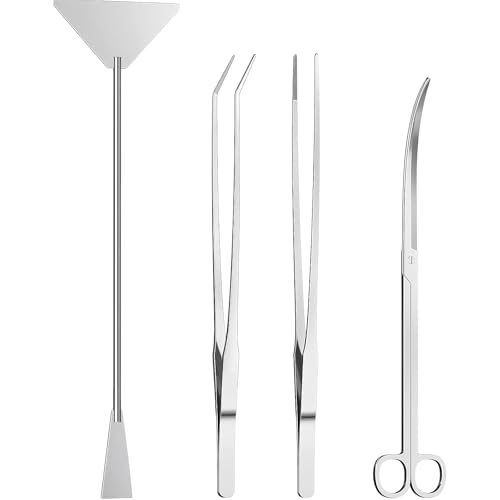 Houbobo 4PCS Aquascape Tools Aquarium Kit Stainless Steel Terrarium Supplies Include Long Tweezers for Terrarium Feeding Tongs Aquarium Scissors Algae Scraper for Fish Tank Cleaning Plant Trimming