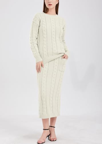 Image of chouyatou Women Winter Casual Chunky Cable Knit Long Pencil Skirt 2 Piece Outfit Oversized Pullover Sweater Sets