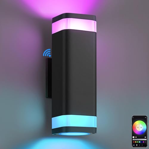 SHIMR Smart RGB Outdoor Wall Light, WiFi App Control Color Changing Up Down Exterior Sconce with Dusk to Dawn Sensor, Waterproof LED Wall Mount Light Fixture, Works with Alexa & Google, Black Finish