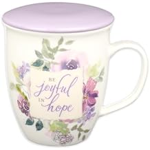 Christian Art Gifts Lavender Floral Ceramic Coffee Mug with Lilac Lid 13 oz. Lead & Cadmium-free Inspirational Scripture Coffee & Tea Mug for Women with Bible Verse Be Joyful in Hope Romans 1212