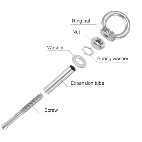 Image of PATIKIL Expansion Eye Bolt M6x70mm, 4 Pack 304 Stainless Steel Shoulder Anchors Eyebolt Screw with Eye Ring for Concrete Brick Walls Canopy Engineering Rigging Silver