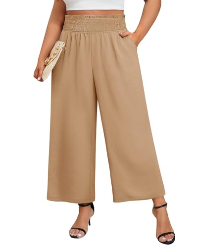 Neer Women's Plus Size Wide Leg Pants, Summer Stretchy Lounge Pants with Pockets Pull On Elastic Flowy Palazzo Trousers(Khaki,3XL)