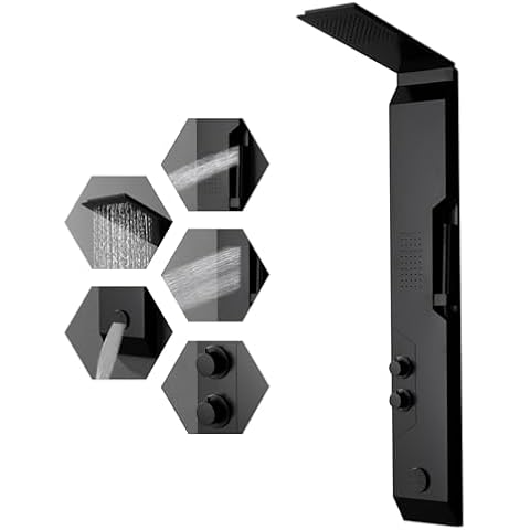 BWE Shower Panel Tower with Rainfall Shower Head Matte Black 304 Stainless Steel Multi Function Morden Shower System with Large Area Body Jet Massage and Handheld Shower, Tub Spout Cover