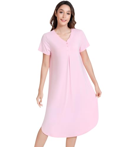 Image of NACHILA Bamboo Viscose Nightgowns for Women Short Sleeve V Neck Sleepwear