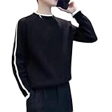 Suéter de punto acanalado de manga larga con cuello redondo para hombre, ropa de hombre, suéter de manga larga, Negro, XL