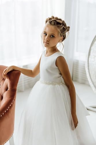 Flower Girls Dress for Wedding Satin Tulle Pageant Formal Communion Dress Pearls Prom Ball Gown with Bow-Knot2