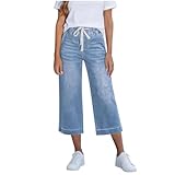 Pull on Jeans for Women high Waist,Long Denim Shorts for Women Straight Wide Leg Cropped Jeans 2026 Trendy Summer Casual High Rise Elastic Waist Draw String Jean Capris Stretch Denim Pants Pockets