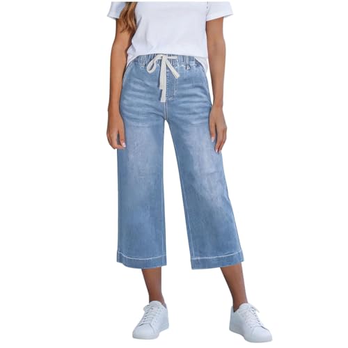 Pull on Jeans for Women high Waist,Long Denim Shorts for Women Straight Wide Leg Cropped Jeans 2026 Trendy Summer Casual High Rise Elastic Waist Draw String Jean Capris Stretch Denim Pants Pockets
