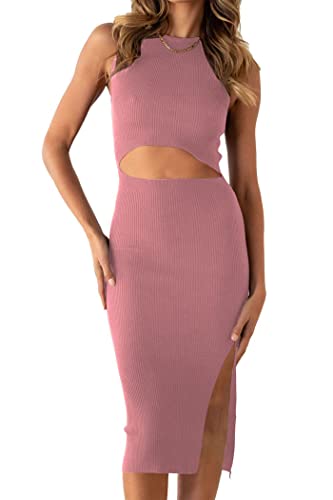 Image of PRETTYGARDEN Women's Summer Midi Bodycon Dresses Casual Crew Neck Side Slit Sleeveless Knit Cut Out Tank Top Dress