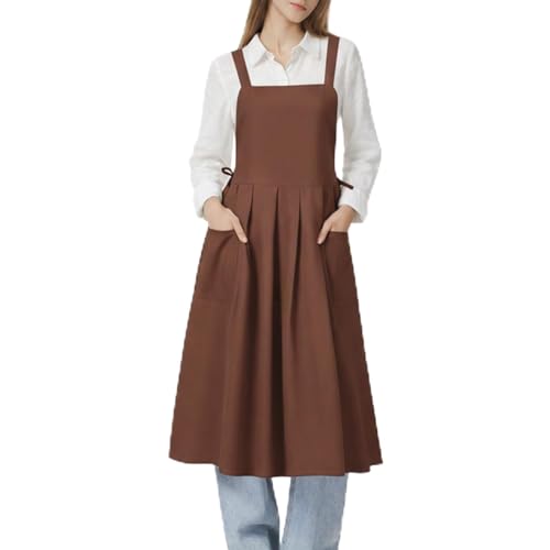 Surblue Cotton Aprons for Women Japanese Style Waterproof Cute Kitchen Aprons with Pockets Pinafore Dress for Painting Cleaning Cooking Gardening, Pure Redbrown
